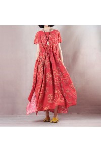 stylish red linen maxi dress casual O neck print traveling clothing women short sleeve baggy dresses linen caftans