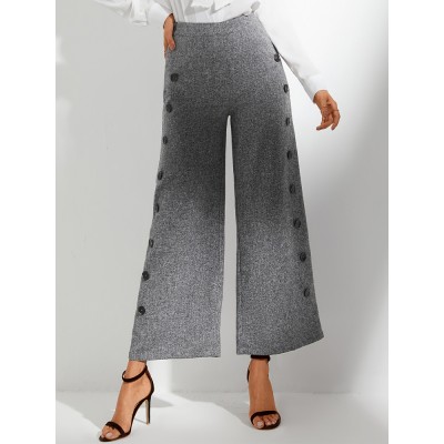 Solid Color High Waist Side Button Trim Loose Casual Pants For Women Solid Color High Waist Side Button Trim Loose Casual Pants For Women