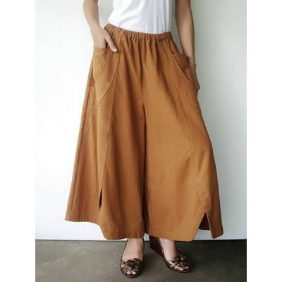 Women Cotton Solid Color Side Pockets Front Fork Wide Leg Pants Women Cotton Solid Color Side Pockets Front Fork Wide Leg Pants