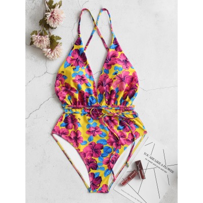 Deep Open Neckline Floral Print Backless Drawstring Swimwear Deep Open Neckline Floral Print Backless Drawstring Swimwear