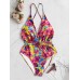 Deep Open Neckline Floral Print Backless Drawstring Swimwear Deep Open Neckline Floral Print Backless Drawstring Swimwear